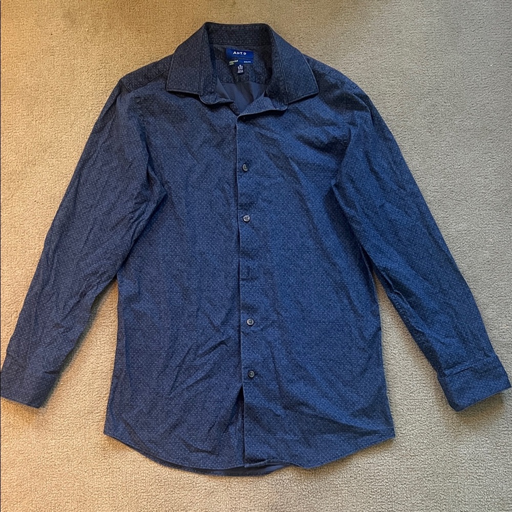 (M) Apt. 9 Men's Slim Fit Blue Dot Patterned Premier Flex Long Sleeve Shirt